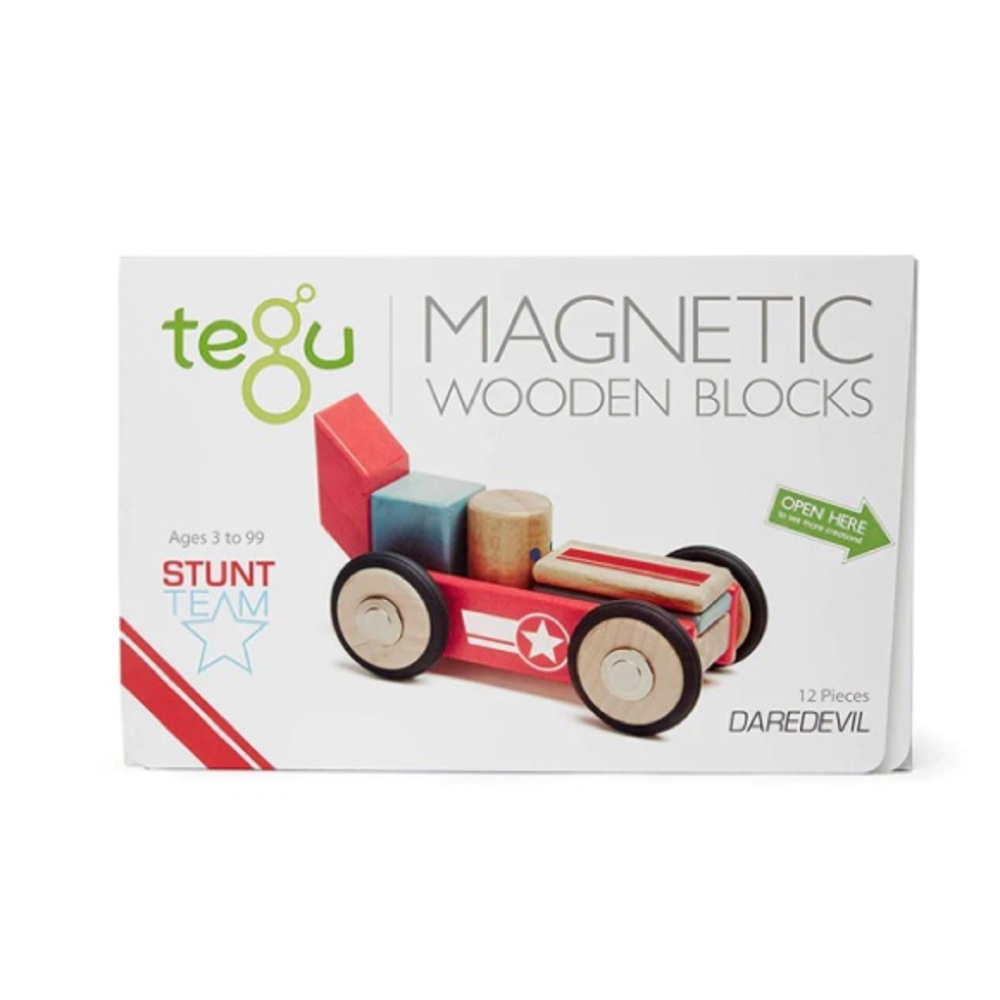 Tegu Daredevil stunt team race car magnetic wooden toy Montessori